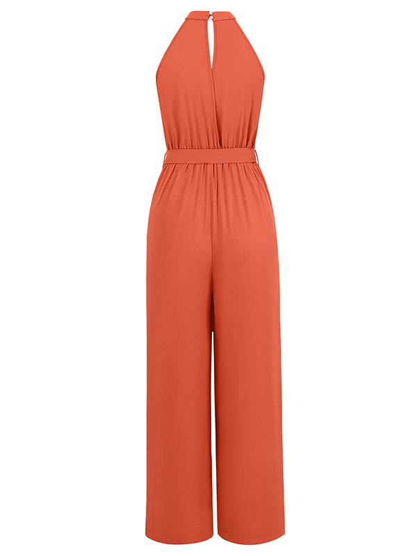 Pleated Solid Color Split-Front Tied Waist High Waisted Loose Halter-Neck Jumpsuits