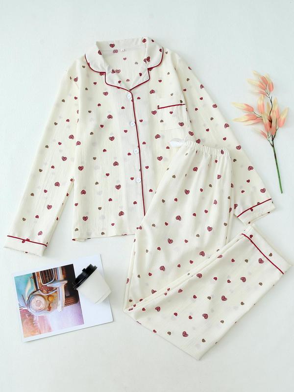 Women's Button Front Blouse & Bow Front Contrast Binding Pants Pyjama Set, Casual Long Sleeve Lapel Top & Trousers, Summer Outfits 2024, Sleepwear for Spring & Fall, National Day Offers