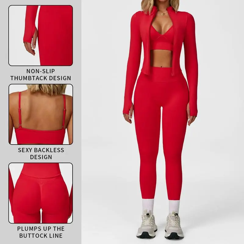 Women's Solid Criss Cross Crop Tank Top & High Waist Leggings & Zip Up Crop Jacket Tracksuit Set