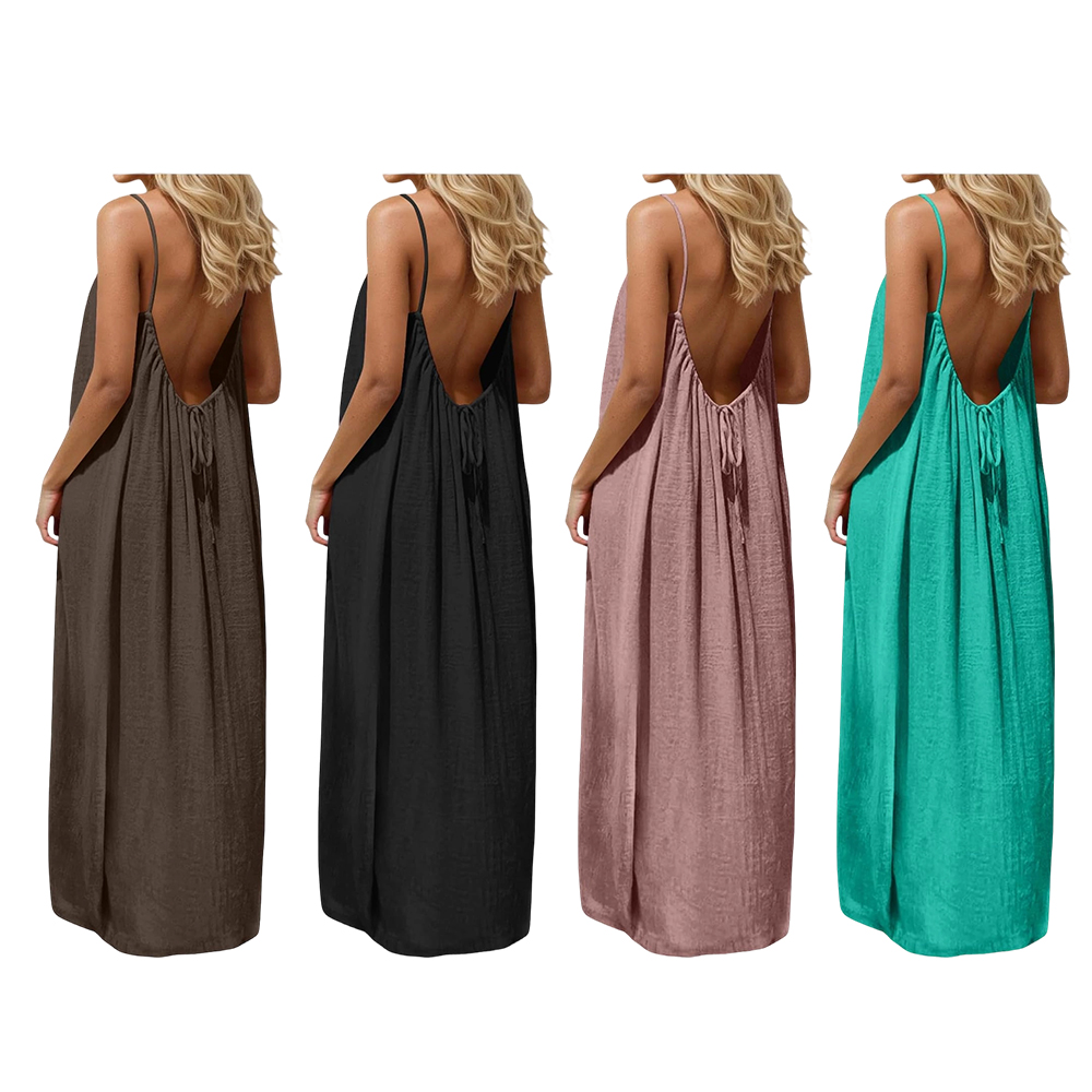 Backless Cami Dresses for Women Cami Lounge Dress Backless Sleeveless House Dress Long Sundress with Back Tie