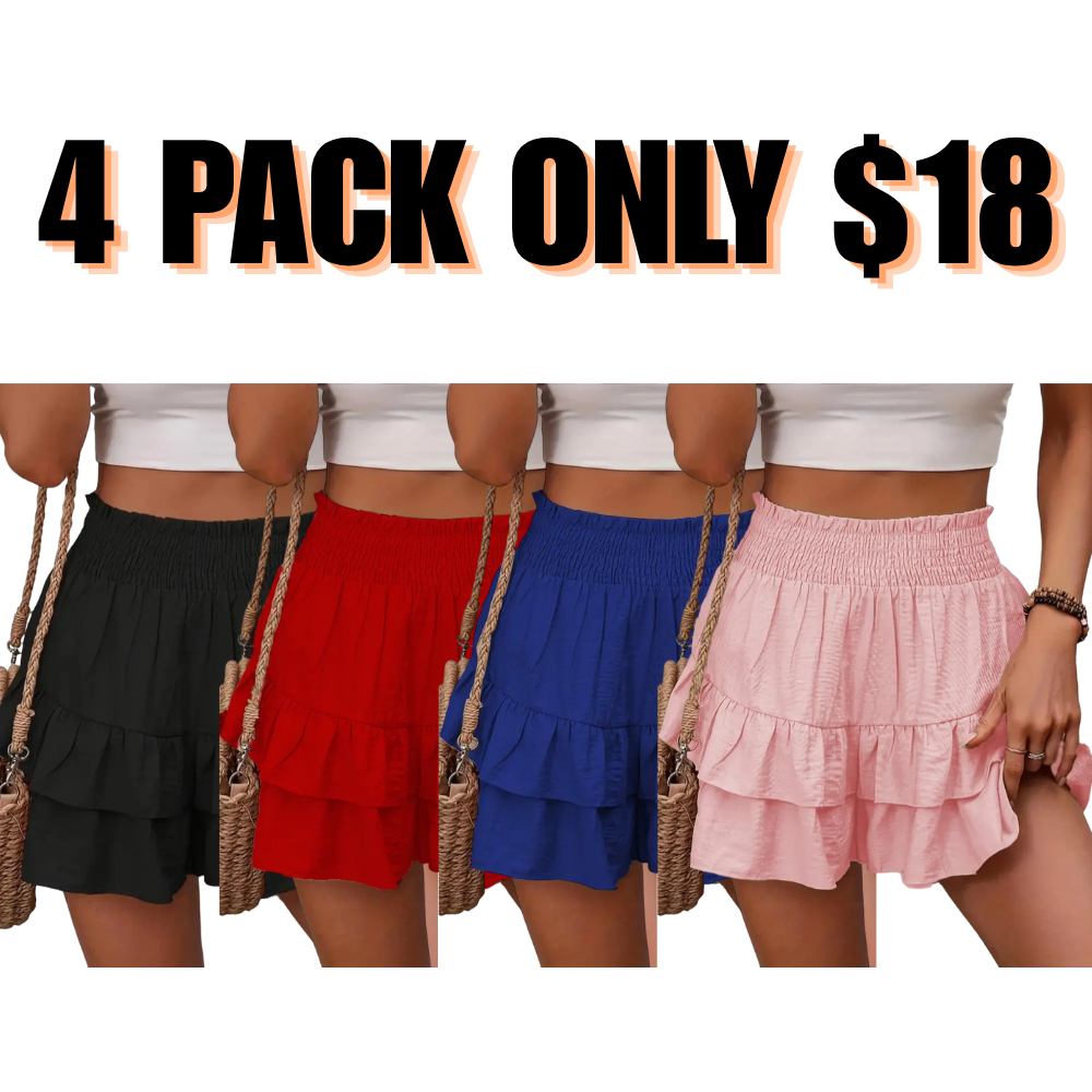 ✨Women's Frill Trim Ruffle Hem Shirred High Waist Shorts, Boho Casual Tiered Layer Shorts🩳