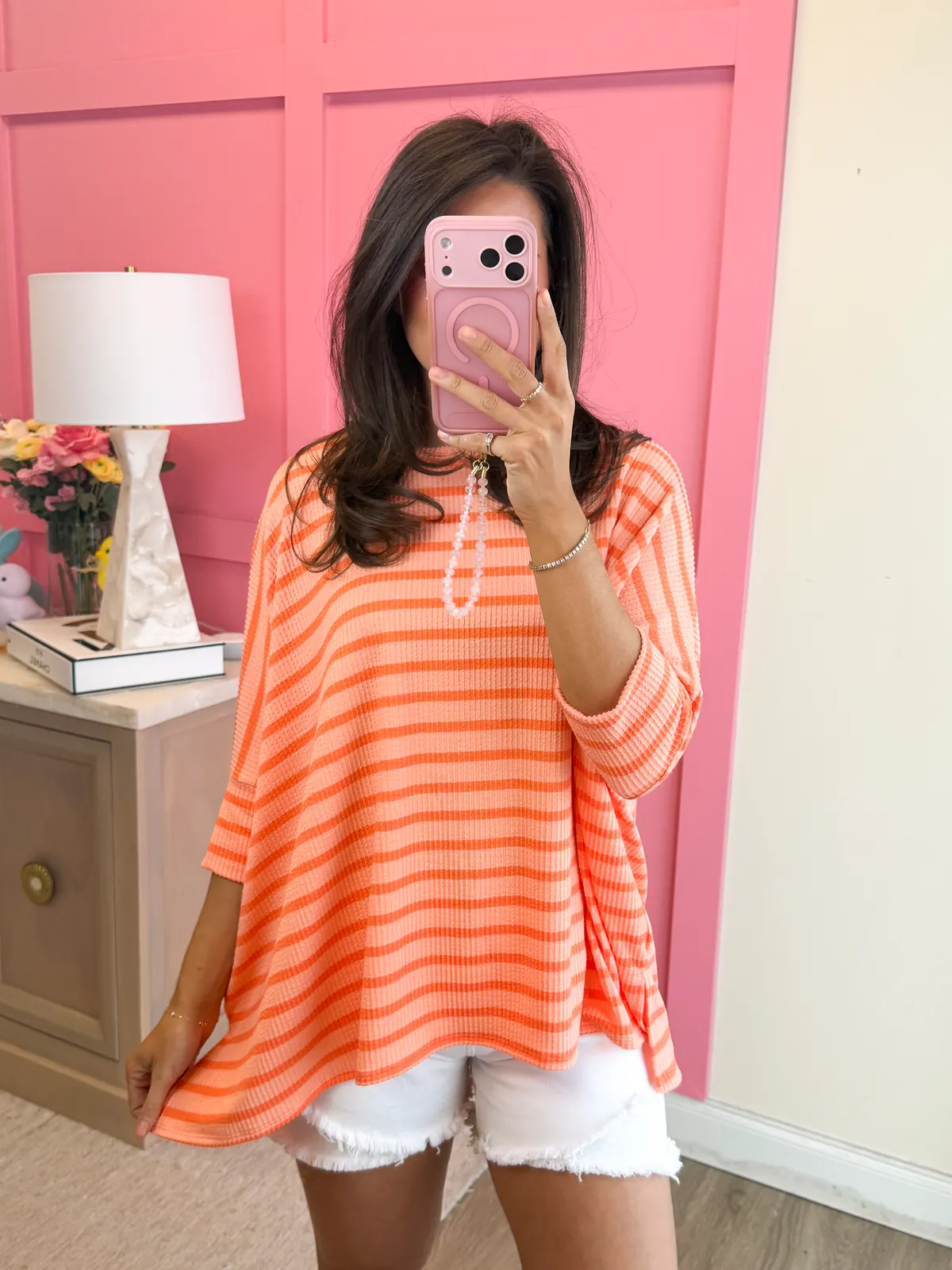 Spring Striped Raised Rib Easy Fit 3/4 Sleeve Top