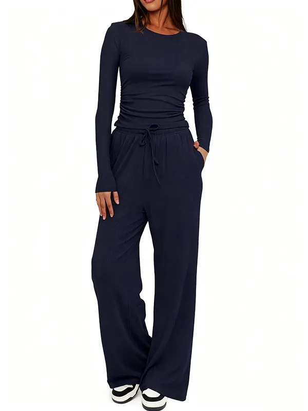 Women's Solid Ruched Drawstring Loungewear Set