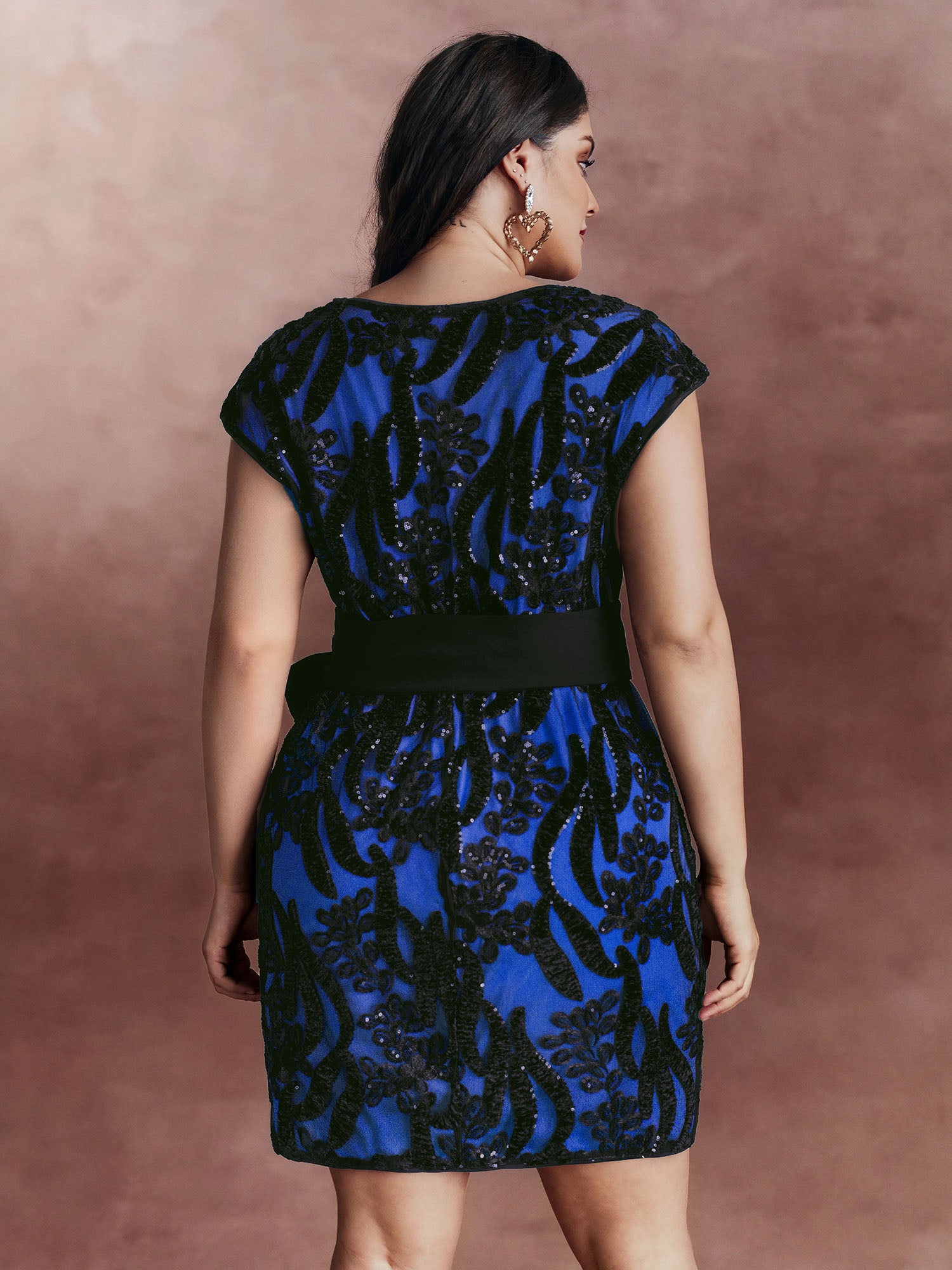 Sequin Mesh Belted Waist Mini Dress