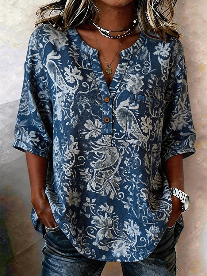 Women's Casual Denim Jacquard Short-Sleeve Top
