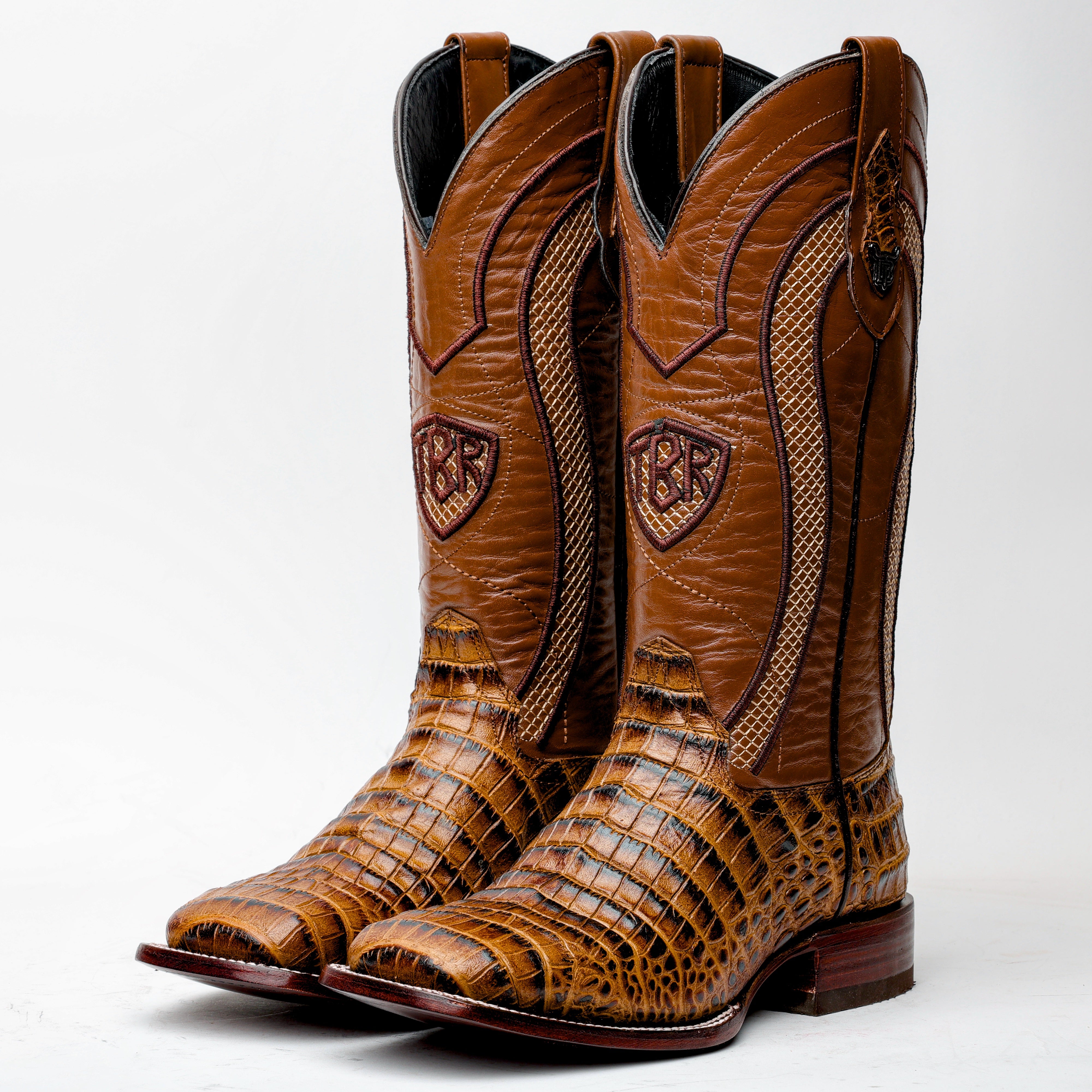Honey Caiman Belly Leather Boots - Square Toe