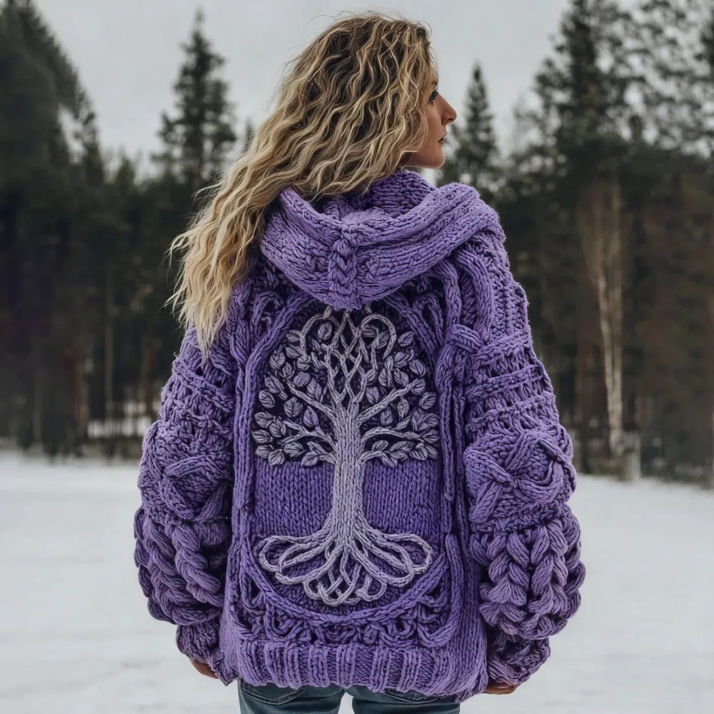 Women's Vintage Viking Tree Of Life Cozy Knit Hooded Sweater