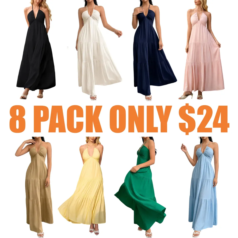 Women's Casual Fashion Solid Color Dresses V-Neck Sleeveless Dresses