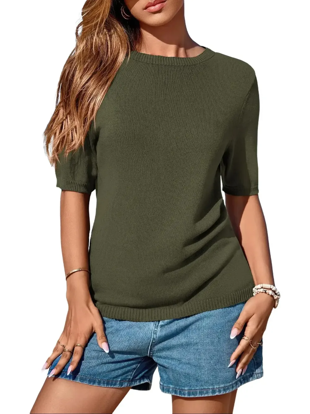 Women's Short Sleeve Sweater Spring Tops Crew Neck Lightweight Pullover Loose Dressy Casual Blouse 100% Viscose Basic Clothes