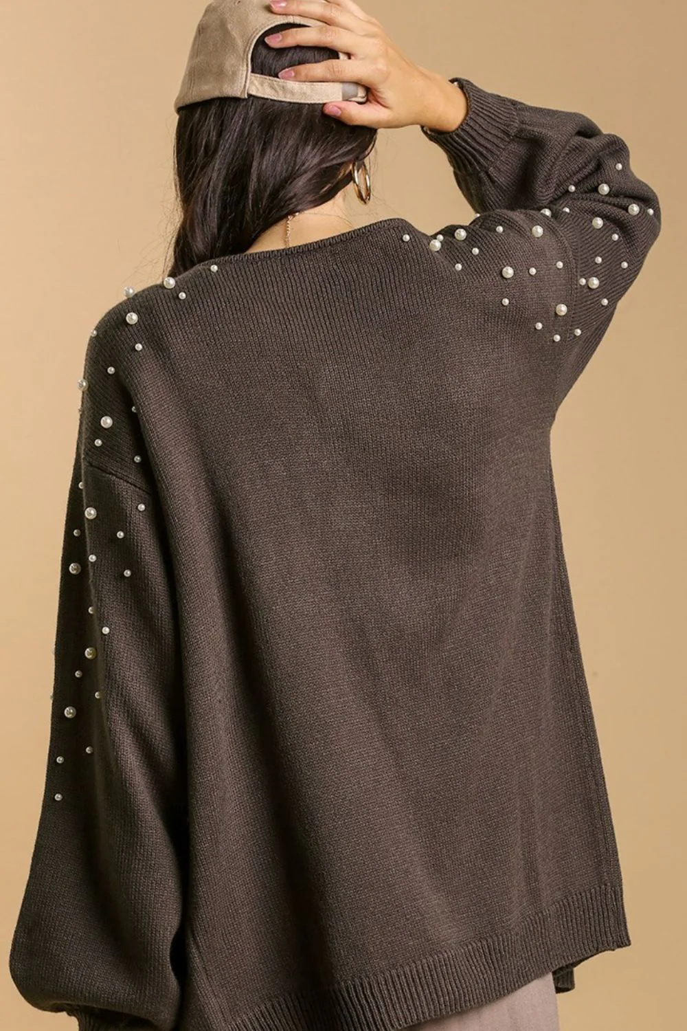 Full Size Open Front Cardigan with Long Sleeve Pearl Details Plus Size