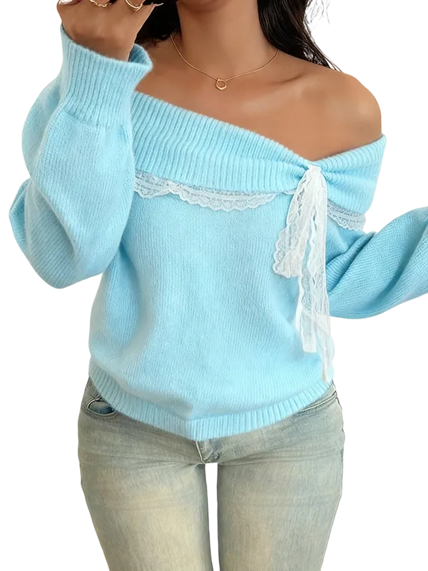 Women's off-shoulder lace bow sweater