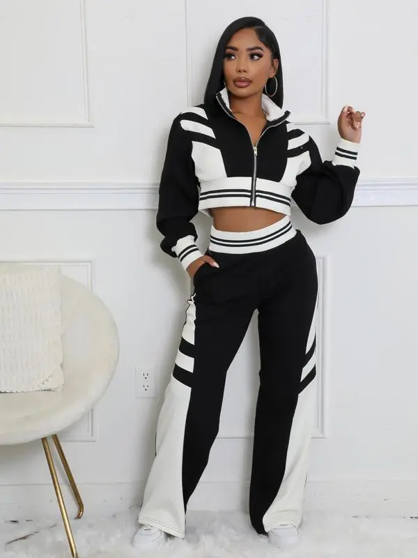 Women's Colorblock Print Zip Up Long Sleeve Crop Jacket & Pants Two-piece Set