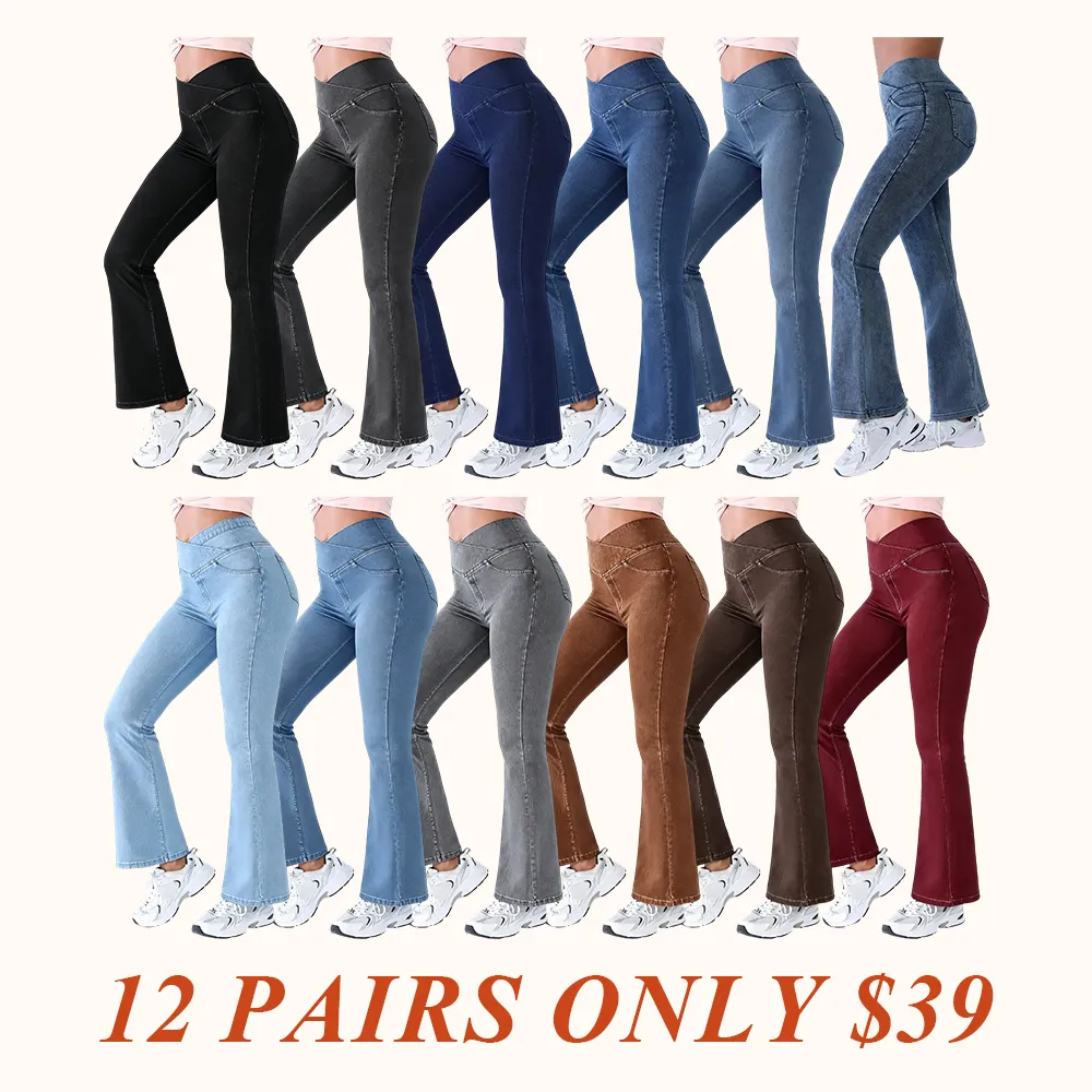 High Waisted Bootcut Flare Denim Jeans for Women - Crossover Waist & Illusion Pocket Design