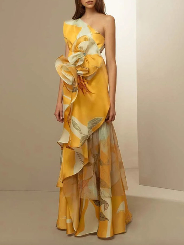 Flower Printed Off-The-Shoulder Sleeveless Asymmetric Satin Evening Maxi Dresses