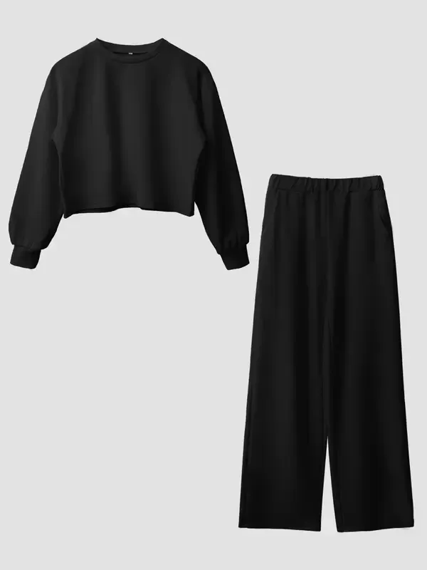 Women's Spring Fall Relaxed Fit 2-Piece Lounge Set | Long Sleeve Top & Wide Leg Pants