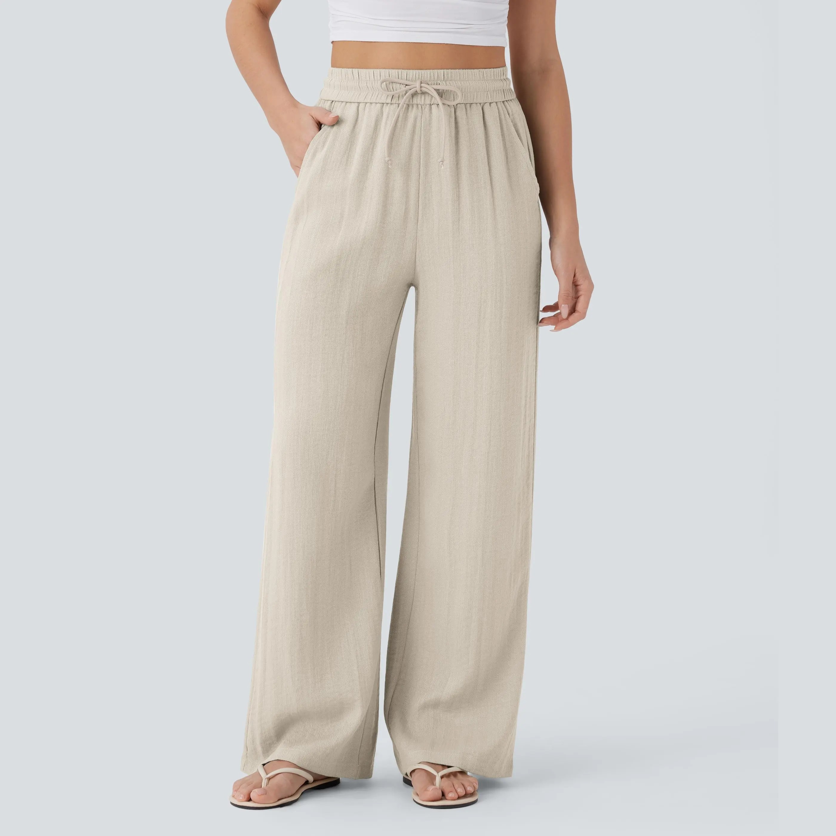 Women's High Waisted Wide Leg Pants – Linen-Feel Casual Drawstring with Pockets