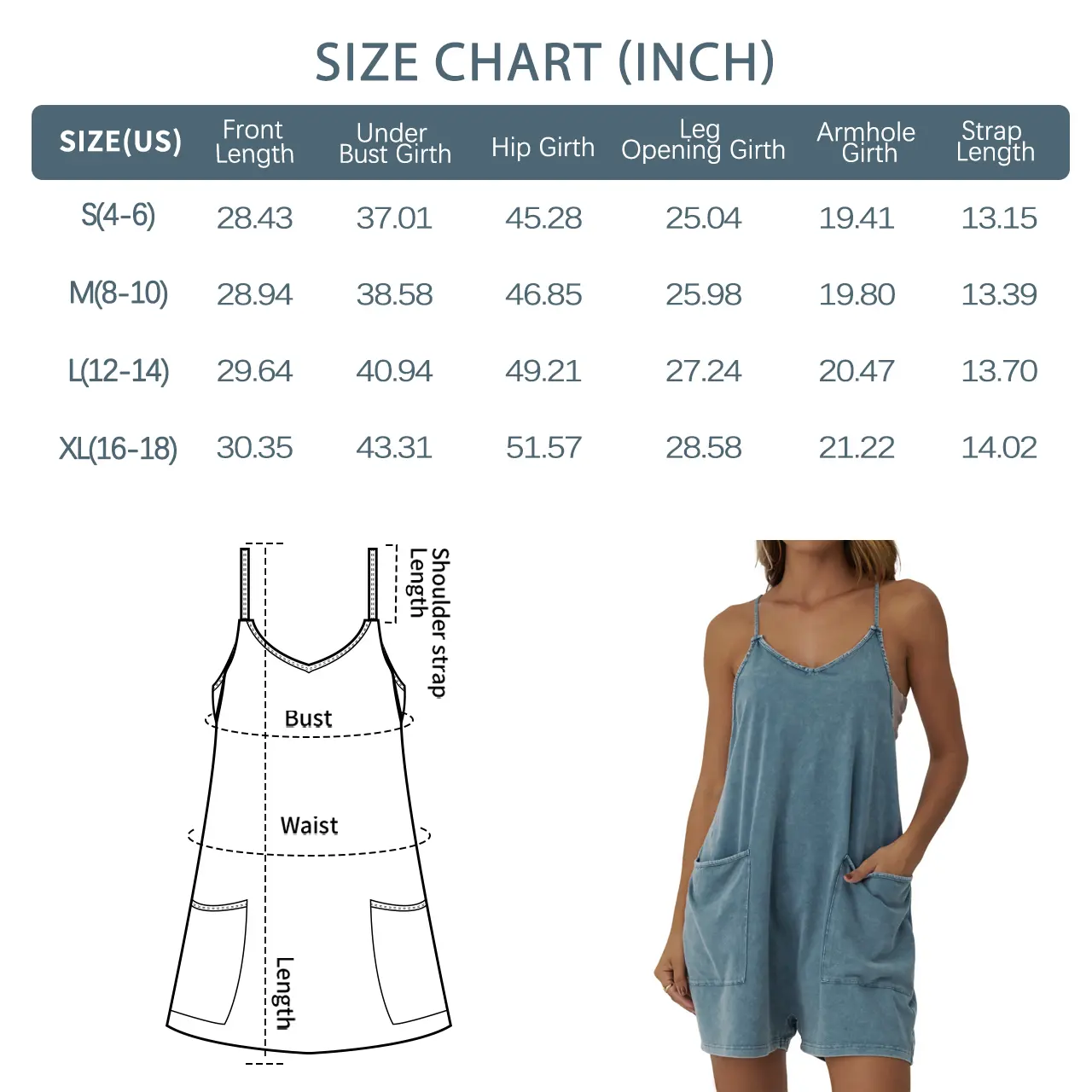 Loose Romper- Vintage Acid Wash Womens Sleeveless Casual Summer Spaghetti Strap Overalls Shorts Jumpsuit with Pockets