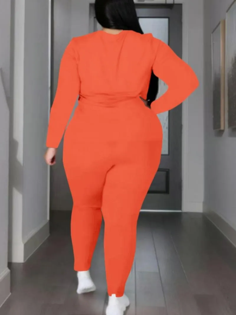 Women's Plus Size 2-Piece Set, Long-Sleeve Round-Neck Top & Pants, Casual Home Sportswear for Daily Wear