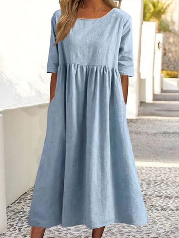 Pleated Pockets Solid Color A-Line Half Sleeves Round-Neck Midi Dresses