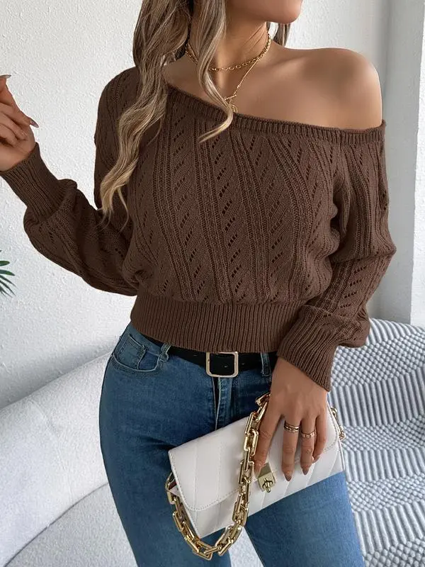 Women's Plain Textured Hollow Out Asymmetrical Neck Sweater