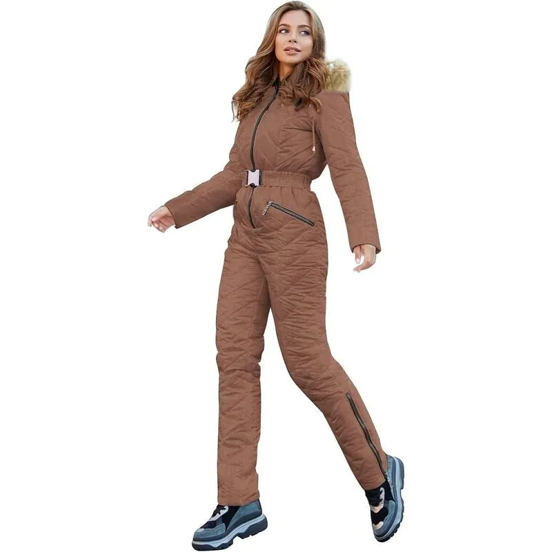 Women's Winter Ski Suit One-Piece Hooded Fur Collar Jumpsuit
