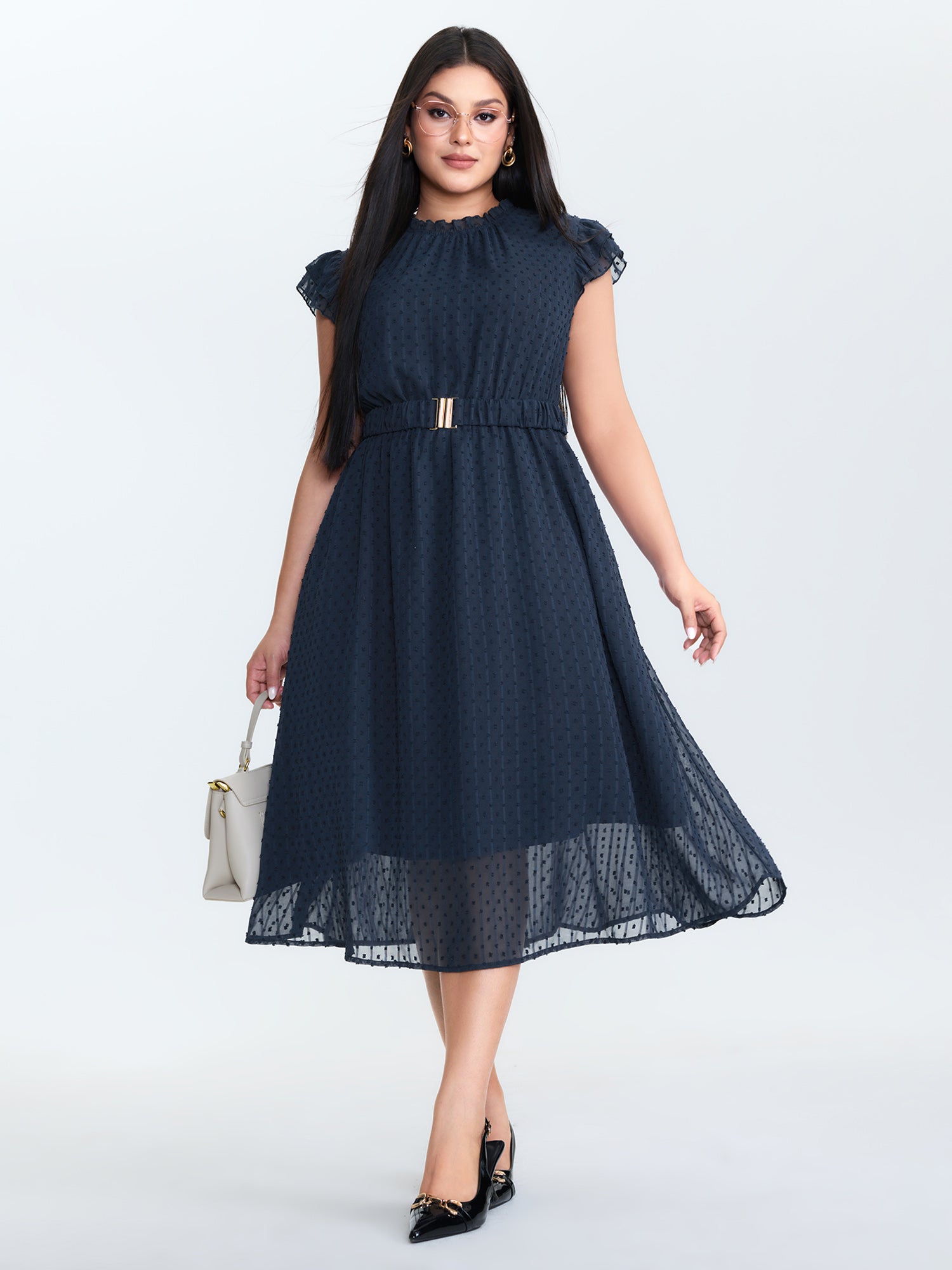 Textured Sheer Ruffled Mock Neckline Midi Dress