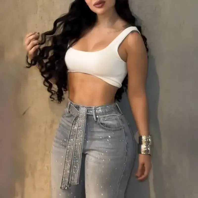 Women's Allover Rhinestone Decor High Waist Zipper Fly Jeans Casual Wide Leg Loose Fit Denim Pants