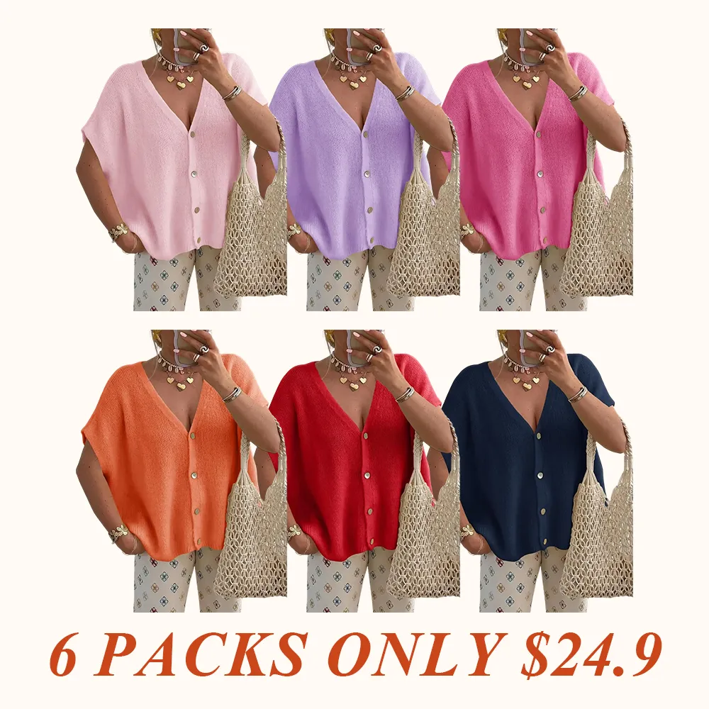 Womens Fall Oversized Cardigans Batwing Short Sleeve Lightweight Button V Neck Casual Knit Sweater Tops