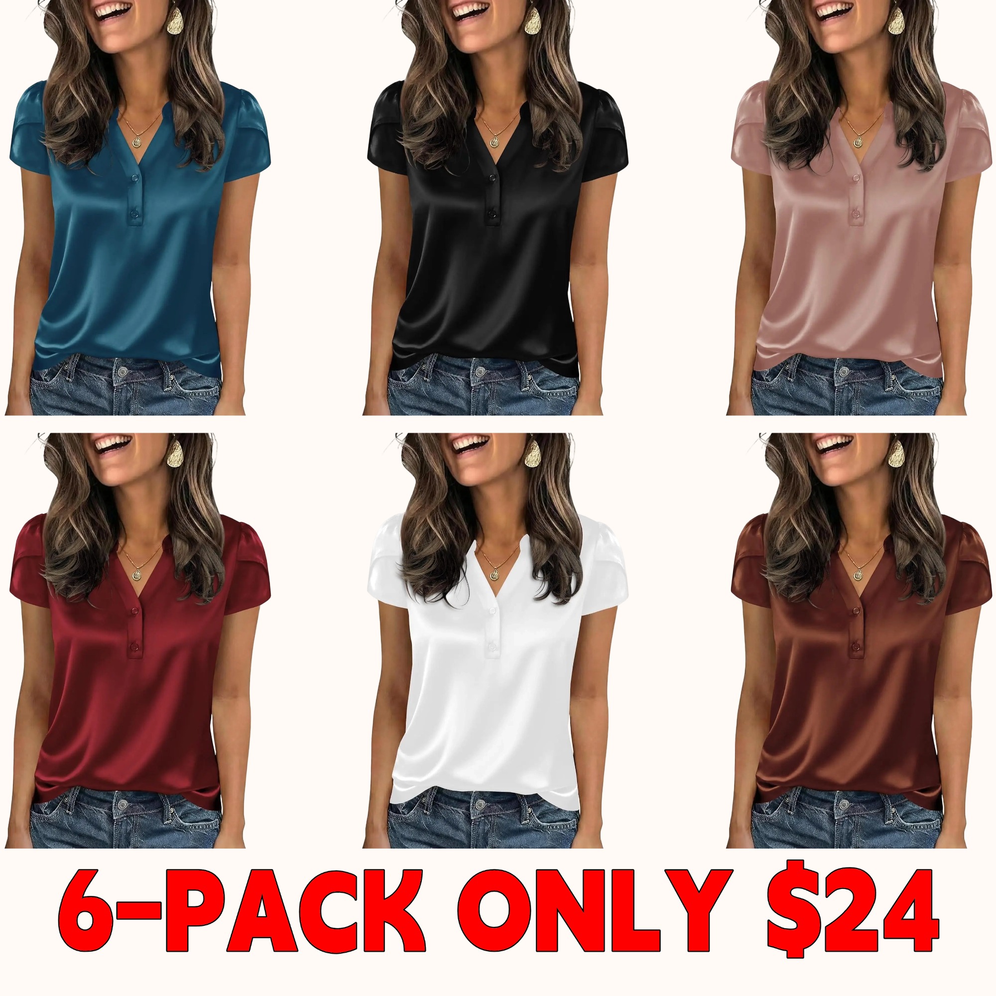 Women's satin shirt, business casual top, short-sleeved V-neck button-down shirt