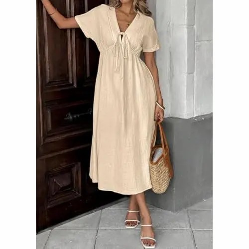 Women's Cotton V-Neck Bohemian Dress – Loose Fit Beach Dress with Pockets