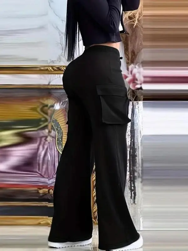 Women's Solid Color Flap Pocket Pants