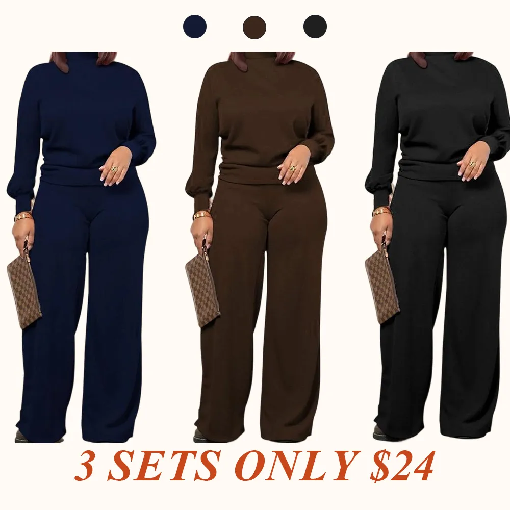 Women's Chic Fall Winter Silky Soft 2-Piece Set - Long Sleeve Semi High Neck Loose Top & Wide Leg Pants, Casual Cozy Outfit for Daily Wear