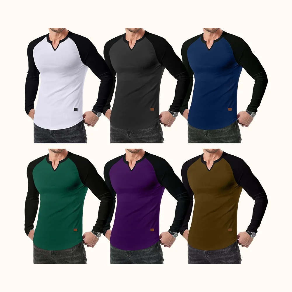 Mens Long Sleeve Muscle T Shirts Casual V-Neck Longline Ribbed Tee Shirts