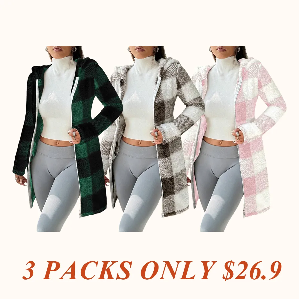 Women's Plaid Fleece Long Sleeve Hooded Coat