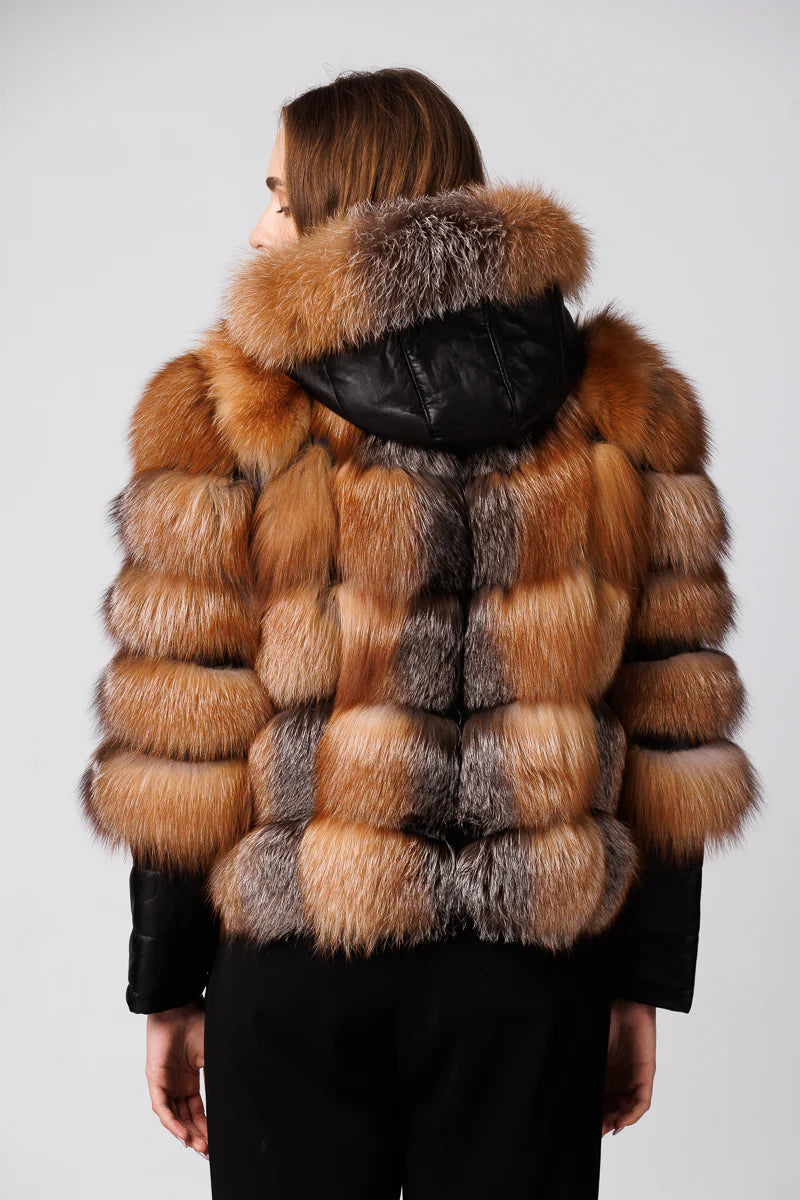 Haină din Blană Naturală de Vulpe, cu Glugă, Femei, Brown Frost 252