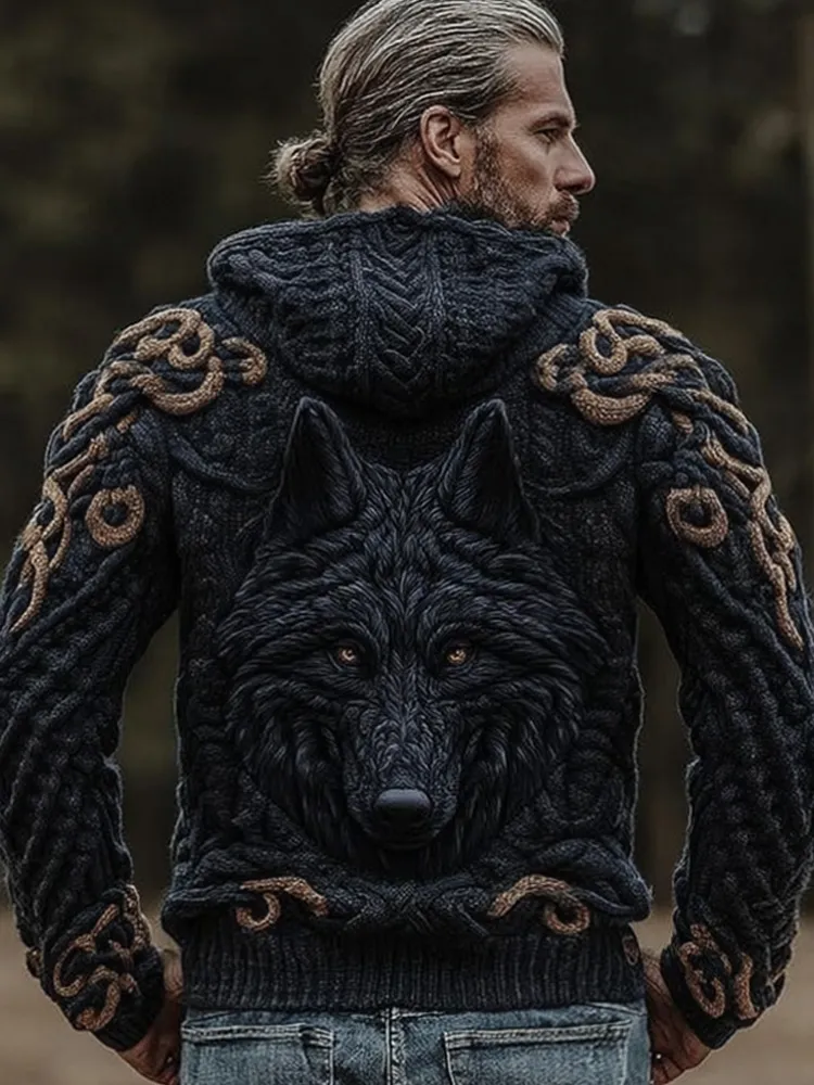 Men's Viking Wolf Style Celtic Thick Zip Hooded Sweater
