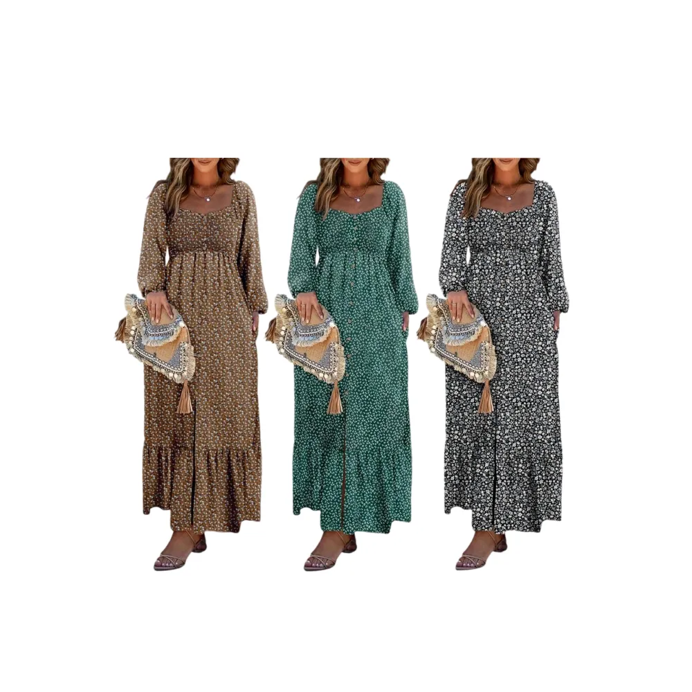 Boho Floral Smocked Square Neck Long Sleeve Maxi Dress