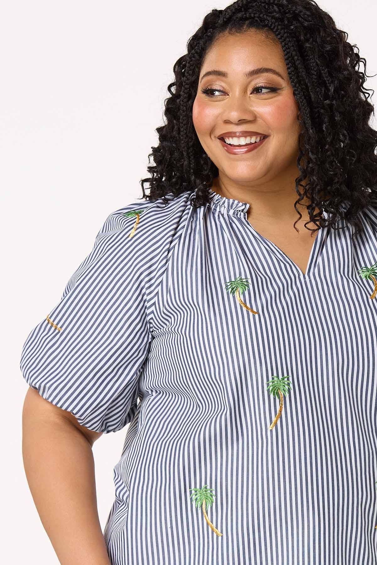 Plus Size Stripe Embroidered Palm Tree Top