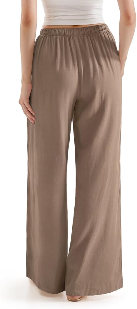 Women’s Wide Leg Linen Palazzo Pants – High Waist Lounge Pants with Pockets