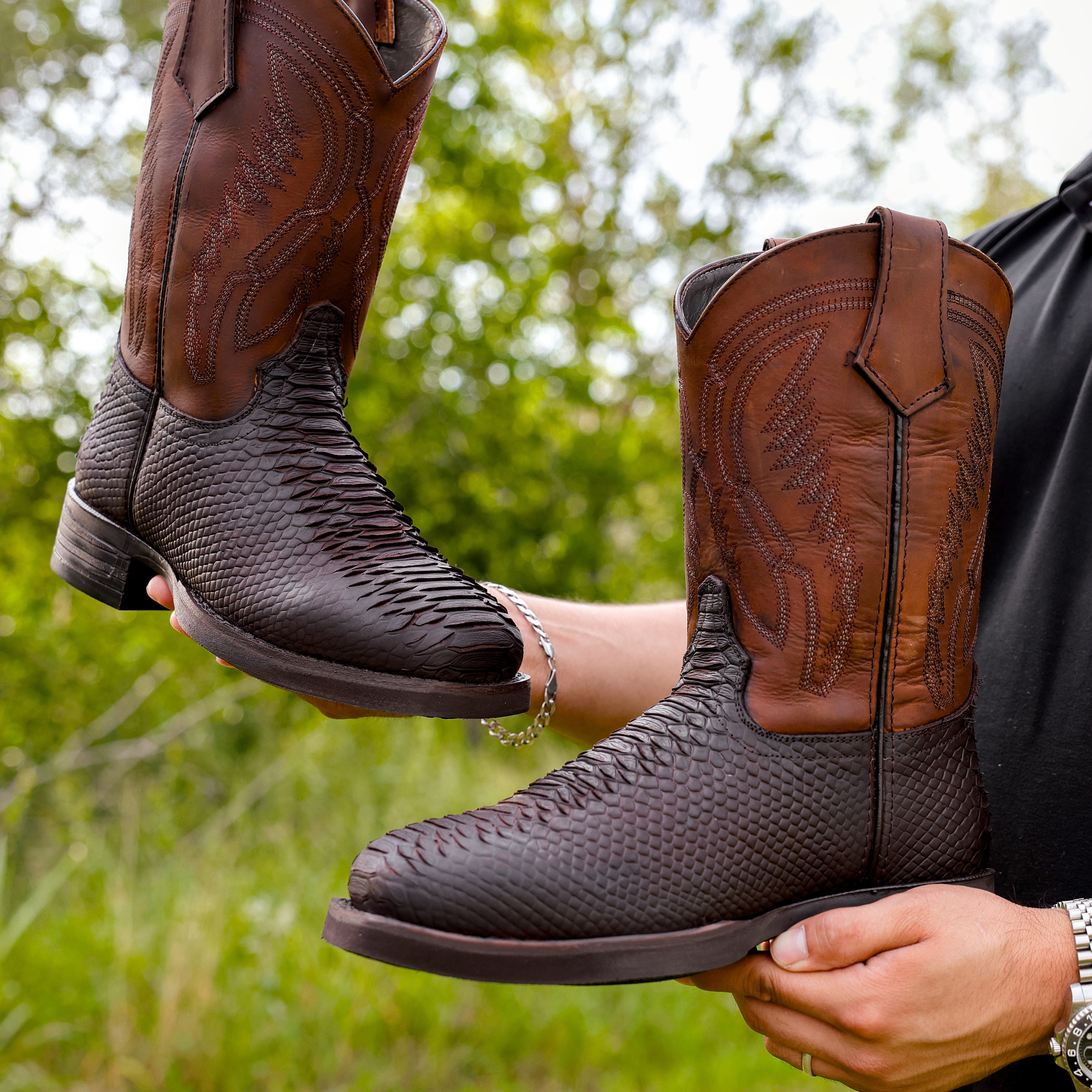 Matte Brown Python Leather Boots With Lightweight Soles - Square Toe