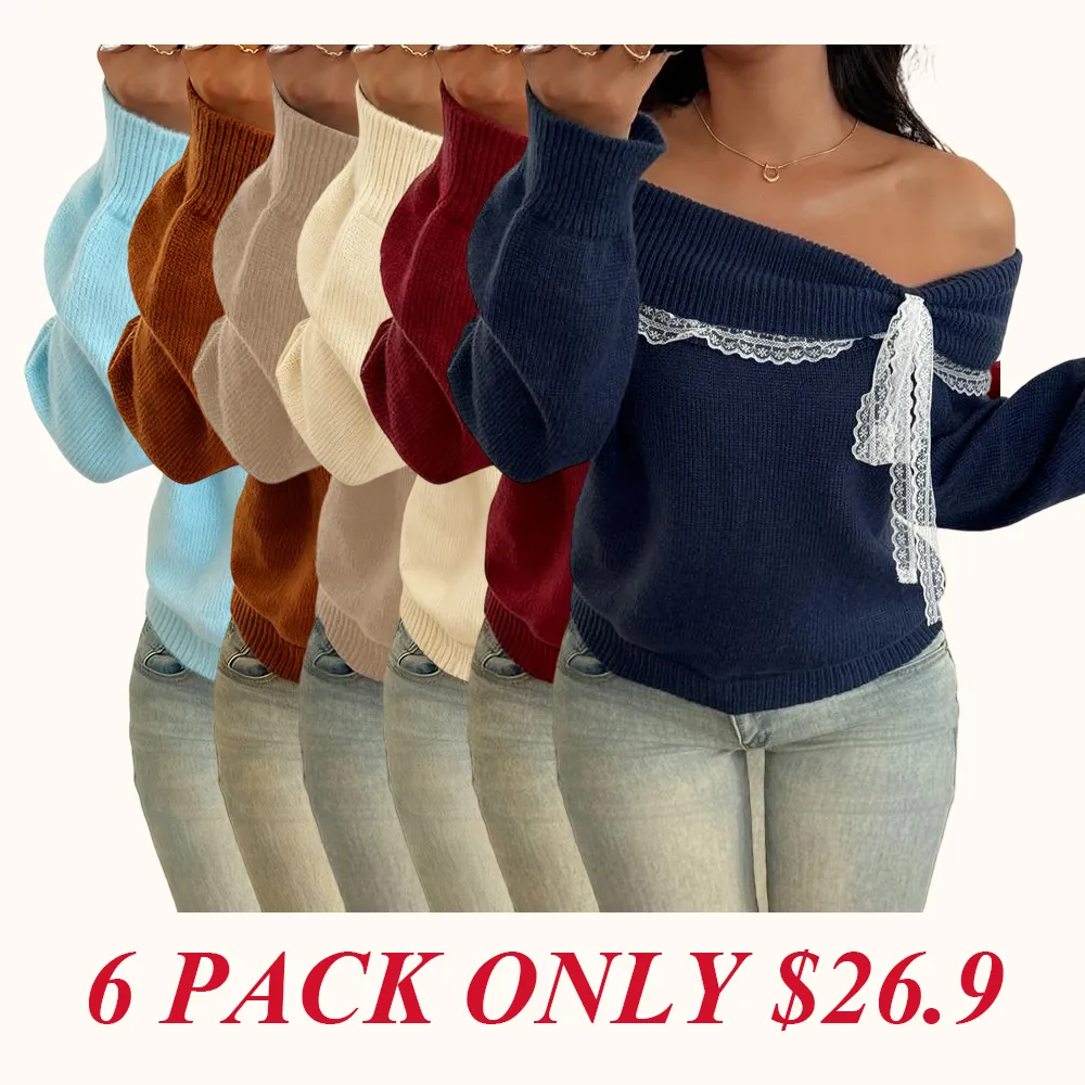 Women's off-shoulder lace bow sweater