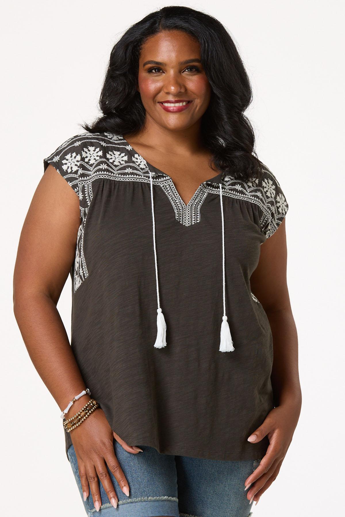 Plus Size Tasseled Embroidered Shoulder Tee
