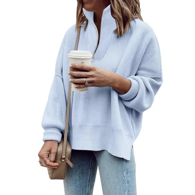 Women's Long Sleeve 14 Zip Oversized Ribbed Knit Tunic Sweater