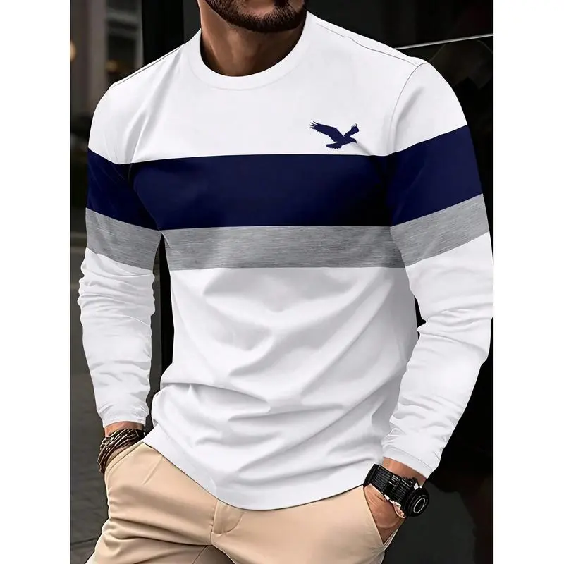 A new autumn and spring color-blocked business style men's casual printed long-sleeved T-shirt top