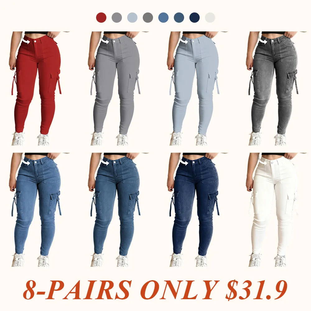 Women's Plain Multi-pocket Denim Cargo Pants