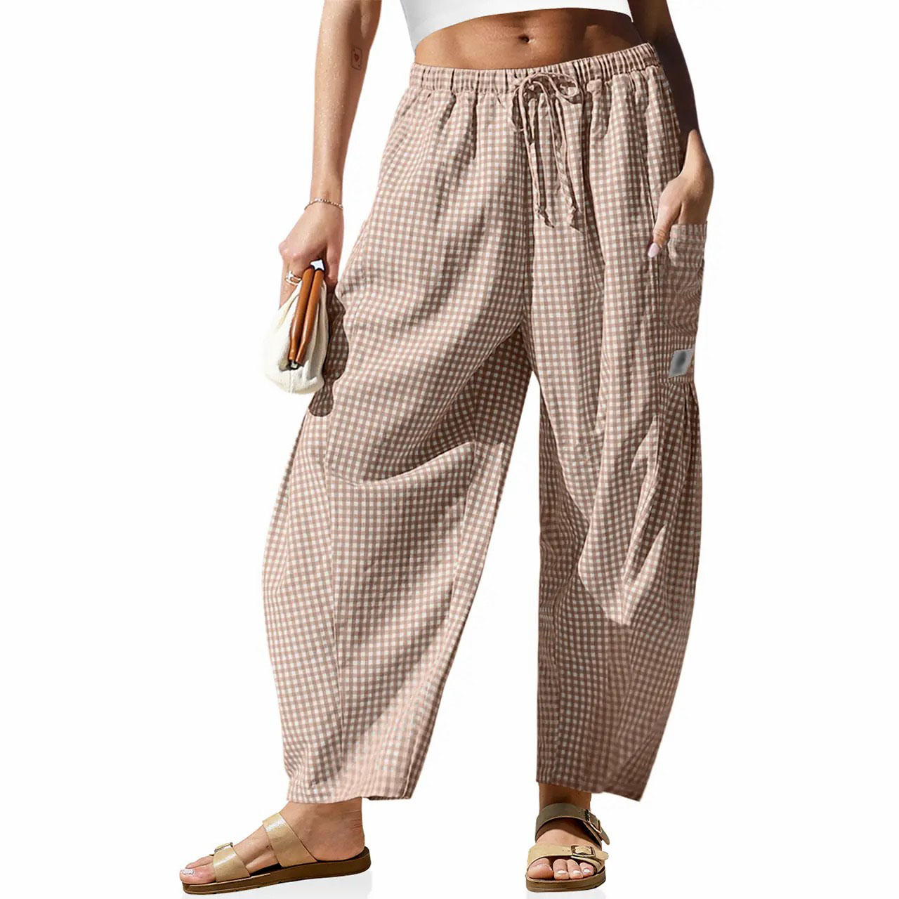 Women's Gingham Striped Wide Leg Pants – Low Waist Drawstring Palazzo with Pockets