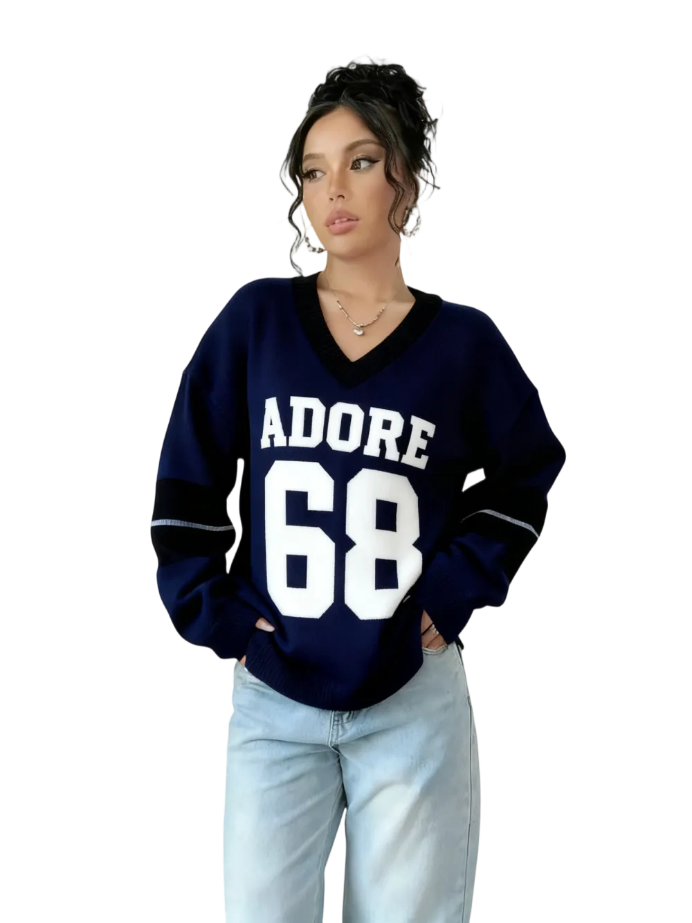 Autumn Winter Color Block V Neck Sweater for Women