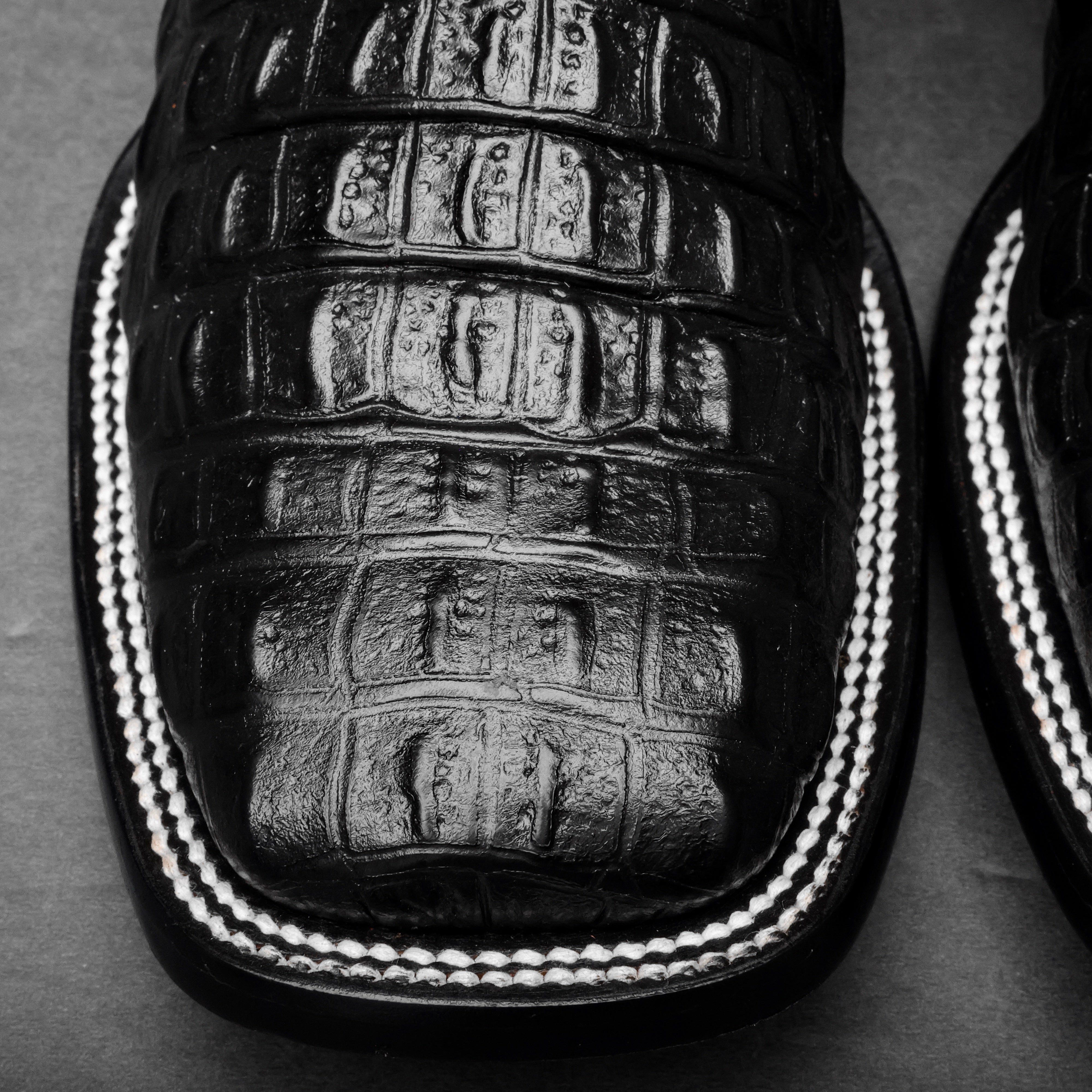 Black Caiman Hornback Leather Boots - Square Toe