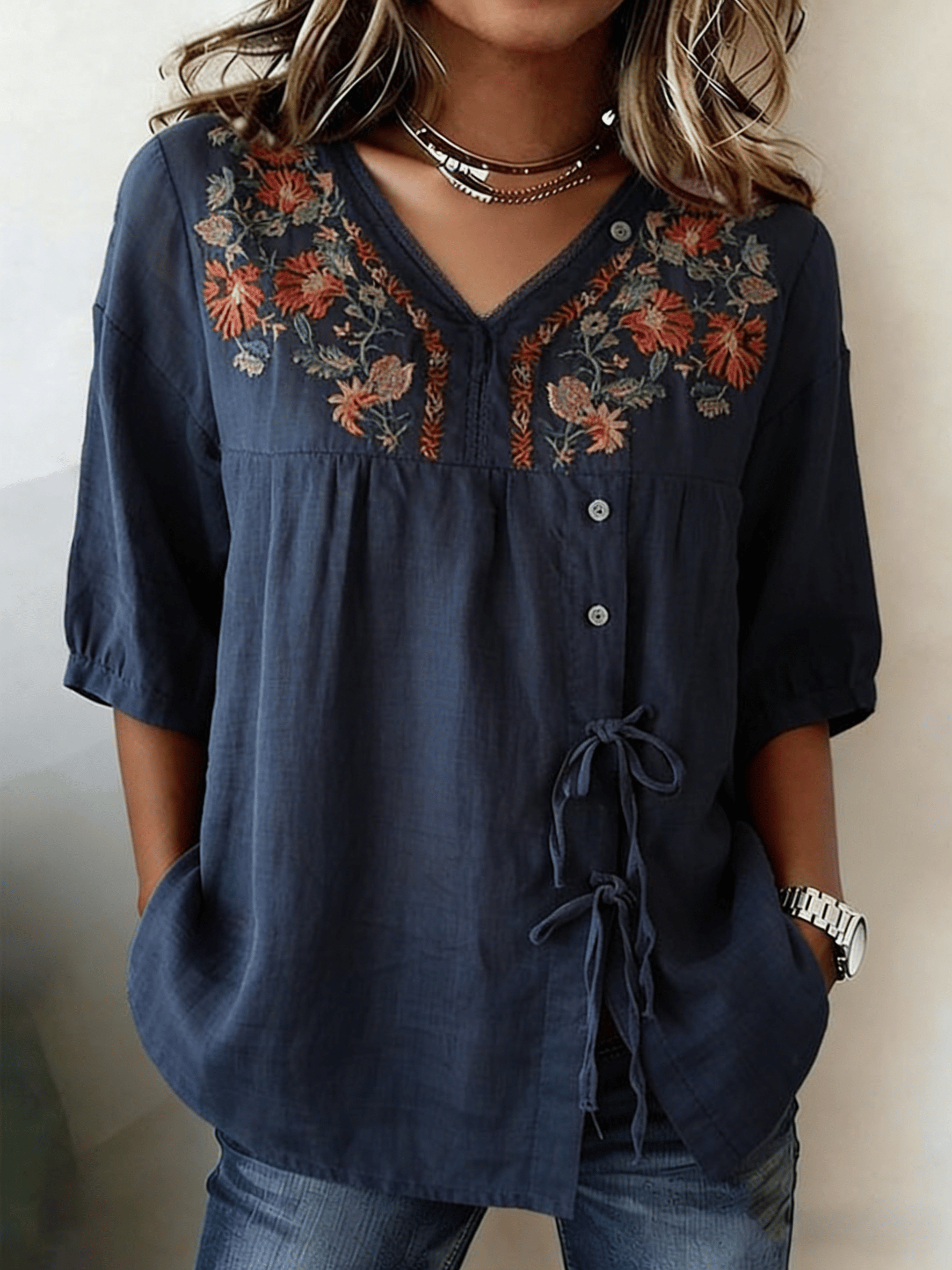 Women's Retro Floral Embroidered Cotton Linen V-Neck Blouse