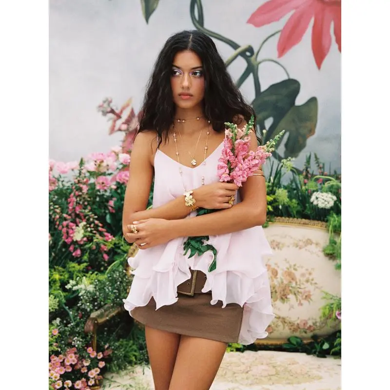 Ruffle Hem Knotted Layered Mesh Cami Top